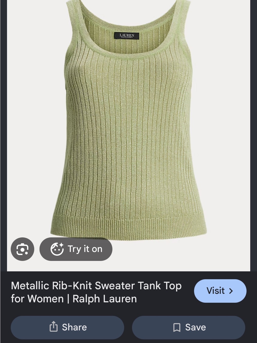 Ralph Lauren Metallic Ribbed Tank Top - Sage Green